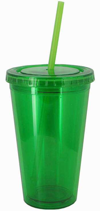 Large plastic cup with lid and straw and red and green circles